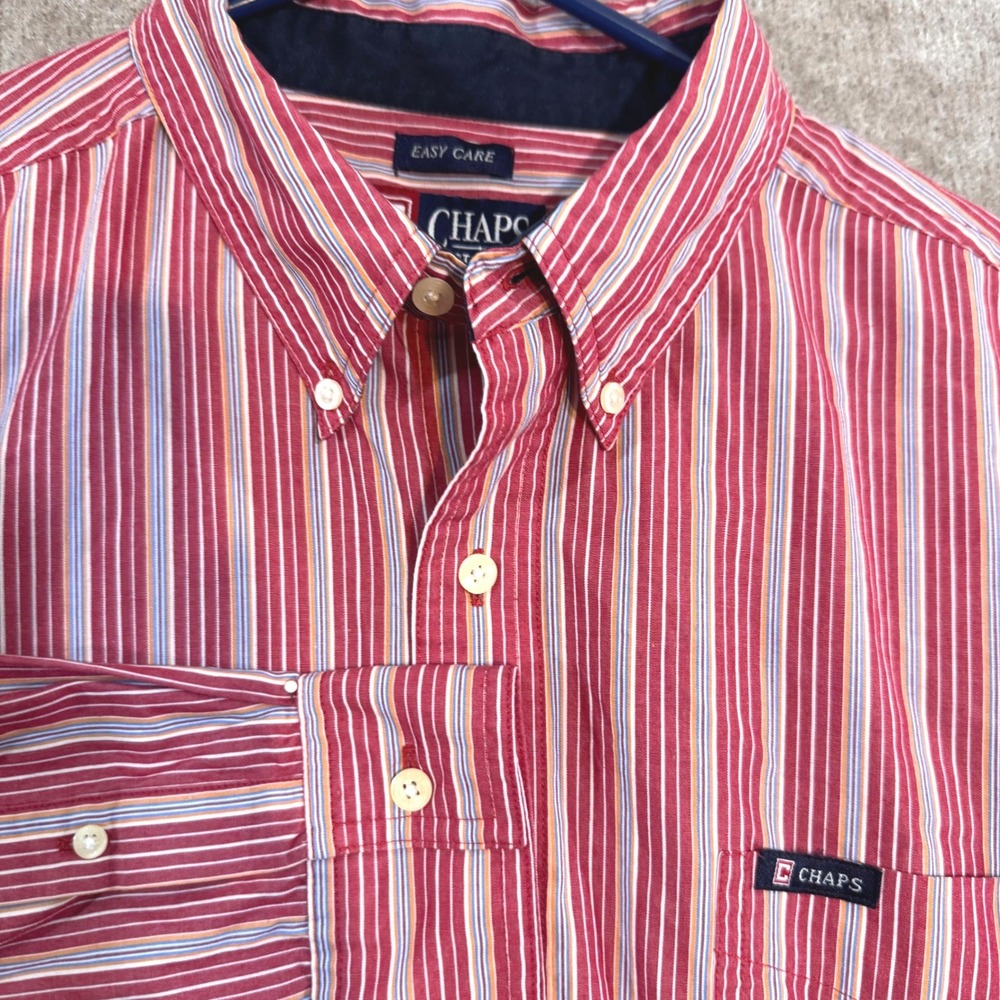 Chaps Button Down Shirt Mens XL Red Striped Long Sleeve Easy Care Preppy